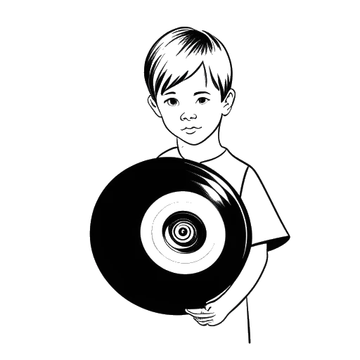 Line art drawing of a young boy, representing Michael Jackson, holding a vinyl record.