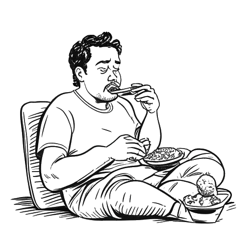 Line art drawing of a man, representing Michael Jackson, eating tacos and watching TV.