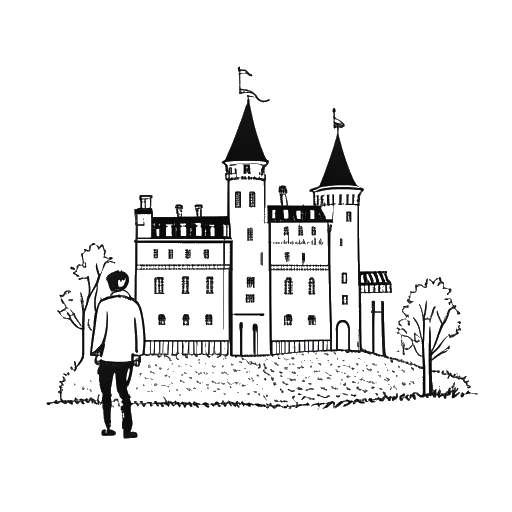 Line art drawing of a man, representing Michael Jackson, standing in front of a castle.