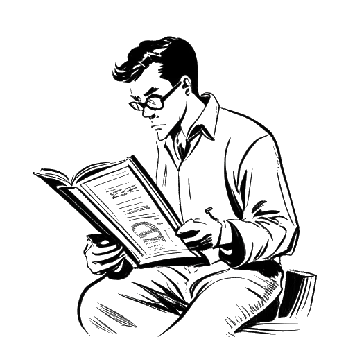 Line art drawing of a man, representing Michael Jackson, reading a Spider-Man comic book and looking at a Salvador Dalí painting.