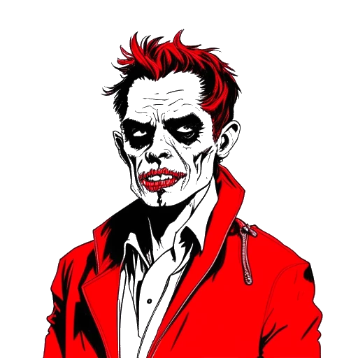 Line art drawing of a man, representing Michael Jackson, wearing a red jacket and zombie makeup, from the Thriller music video.