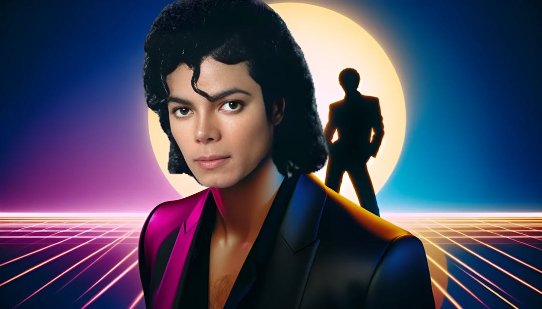 Image sur le thème de Michael Jackson avec une figure masculine en tenue classique, évoquant le style emblématique du légendaire artiste pop. Des couleurs audacieuses et des références subtiles à sa carrière musicale créent une ambiance mystérieuse et créative.