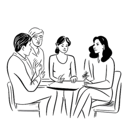 Disegno in stile line art di una donna che rappresenta Sydney Watson, impegnata in una discussione con più persone. L'immagine mostra la sua attività di co-conduttrice e il sito di notizie.