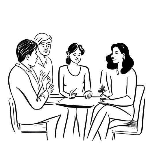 Disegno in stile line art di una donna che rappresenta Sydney Watson, impegnata in una discussione con più persone. L'immagine mostra la sua attività di co-conduttrice e il sito di notizie.