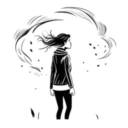 Line art drawing of a woman representing Sydney Watson, standing strong against a storm. The image signifies her resilience and determination.
