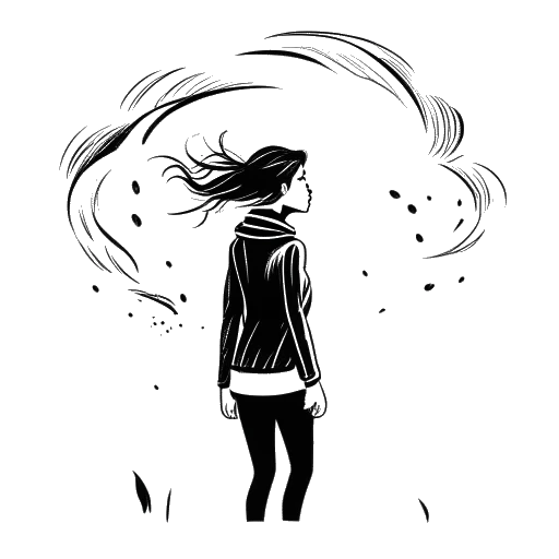 Line art drawing of a woman representing Sydney Watson, standing strong against a storm. The image signifies her resilience and determination.