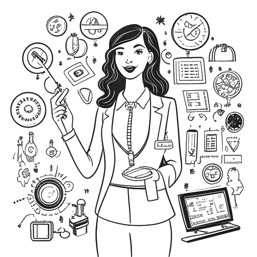 Line art drawing of a woman, representing Sydney Watson, with shoulder-length hair and dressed in professional attire. She holds a microphone and a laptop, while surrounded by dollar signs and symbols representing entrepreneurship and investments, all against a white backdrop.