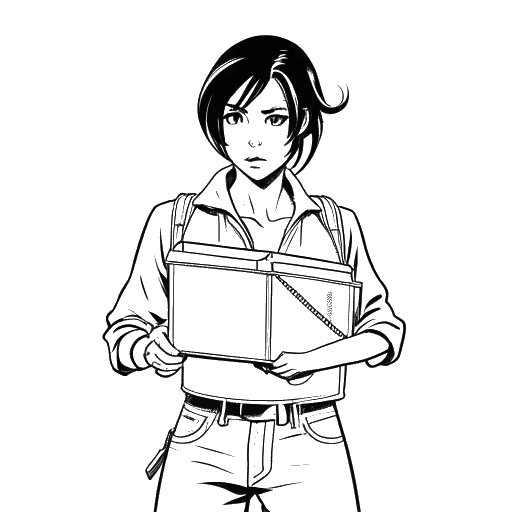 Disegno in bianco e nero di una donna che rappresenta Sydney Watson che tiene una custodia DVD di Attack on Titan