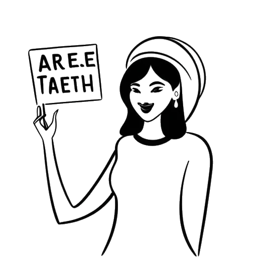 Dibujo de arte lineal de una mujer que representa a Sydney Watson sosteniendo un letrero que dice 'atea abierta' con un calendario de 2022