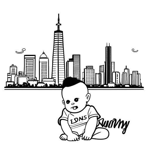 Line art drawing of a baby representing Sydney Watson with a name tag, against a backdrop of the Sydney skyline