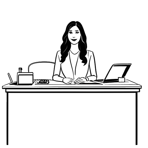 Dibujo de arte lineal de una mujer que representa a Sydney Watson sentada en un escritorio de programa de entrevistas con el logo de BlazeTV y 'You Are Here'