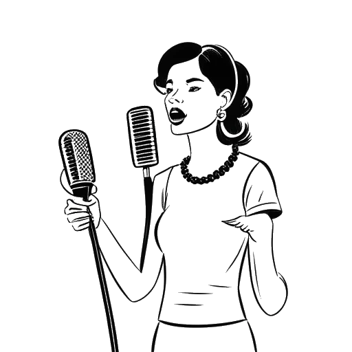 Desenho de linha de uma mulher representando Sydney Watson segurando um microfone com balões de fala contendo os tópicos de seu conteúdo