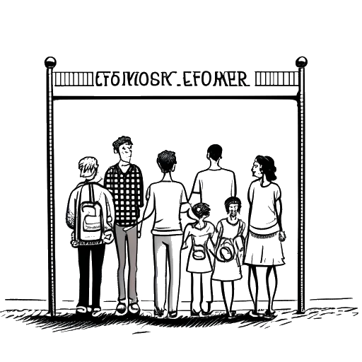 Desenho de linha de uma família representando a família de Sydney Watson diante de um portão de fronteira fechado com um cartaz de 'restrições de viagem da COVID-19'