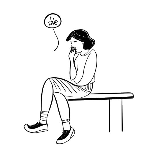 Desenho de linha de uma mulher representando Sydney Watson sentada com a cabeça baixa, segurando um microfone e um balão de fala com 'depressão'