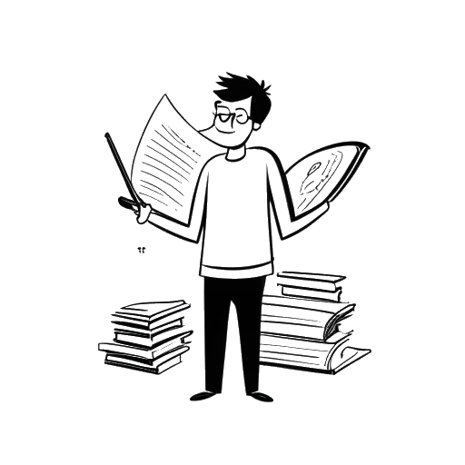 Disegno in bianco e nero di una persona che rappresenta Sydney Watson che tiene un diploma e un blocco note, circondata da libri