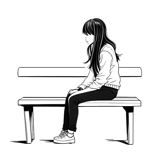 Desenho de linha de uma adolescente representando Sydney Watson durante sua fase emo, olhando para longe, com franjas compridas e roupas escuras