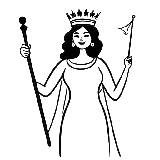 Dibujo de arte lineal de una mujer que representa a Sydney Watson llevando una corona, sosteniendo un cetro, parada frente a la bandera de Australia con un globo de diálogo de 'libertad'