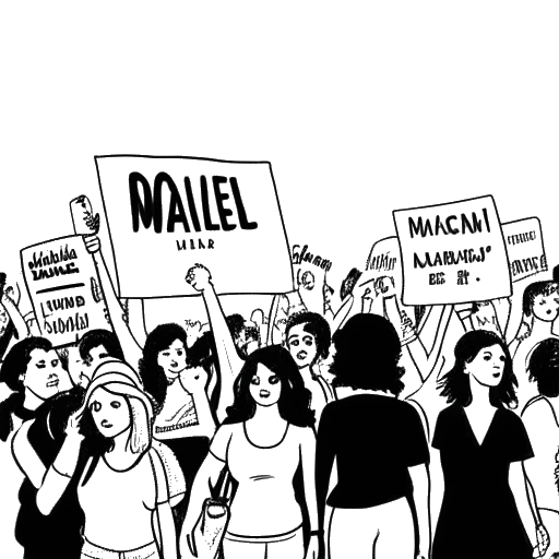 Desenho de linha de uma mulher representando Sydney Watson segurando os cartazes 'Marcha Para os Homens' e '#MeToo' em uma manifestação
