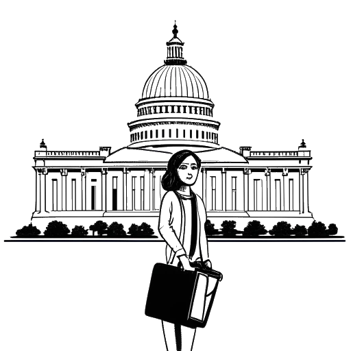 Line art drawing of a woman representing Sydney Watson holding a suitcase in front of the US Capitol building