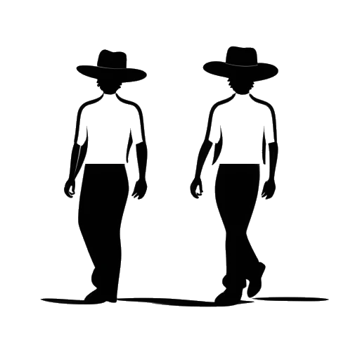 Line art drawing of a mixed American and Australian flag with two silhouettes, one wearing a cowboy hat and the other an Australian hat