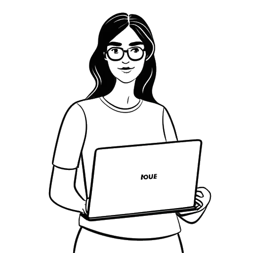 Dibujo de arte lineal de una mujer que representa a Sydney Watson sosteniendo una computadora portátil con el texto 'The Publica' y 'cofundadora'