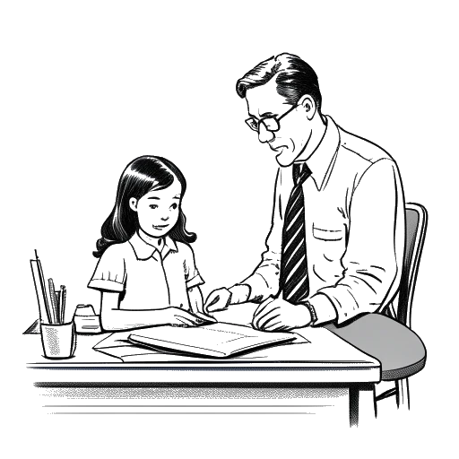 Line art drawing of a young girl representing Sydney Watson working with her father at a desk, both dressed professionally