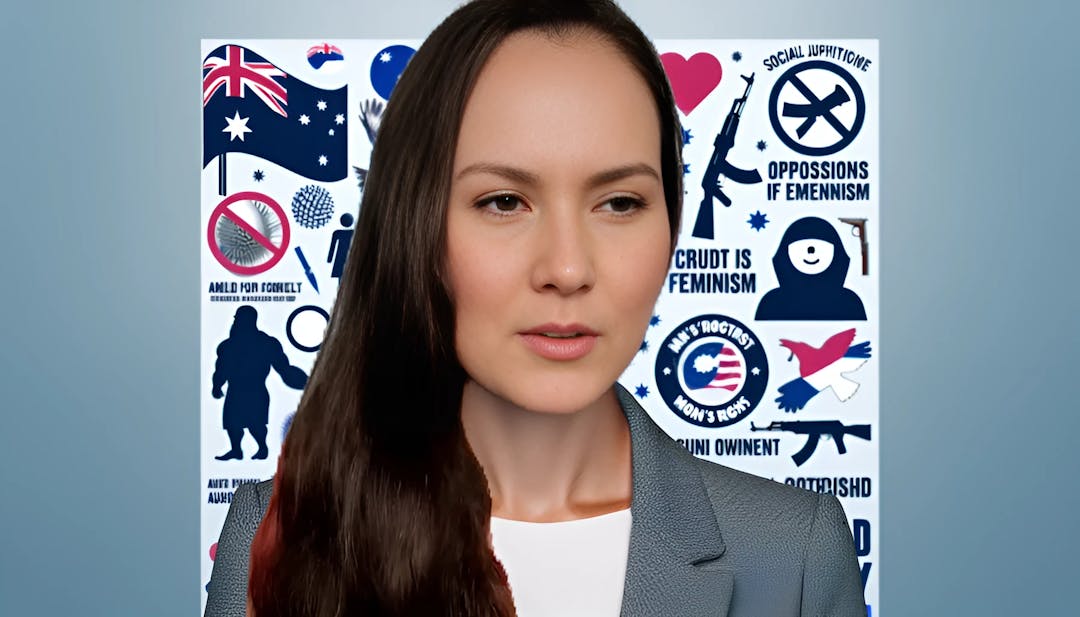 Sydney Watson - Prominent Conservative Commentator and Online Personality - Thumbnail featuring Sydney Watson, a mid-20s slim, fair-skinned woman with a bald head. She is looking straight into the camera with a neutral expression. She is dressed in professional attire, reflecting her career in political commentary. The background includes symbols related to men's rights, anti-social justice, anti-feminism, and pro-gun views, with subtle references to her Australian background. The image is vibrant and high-resolution.