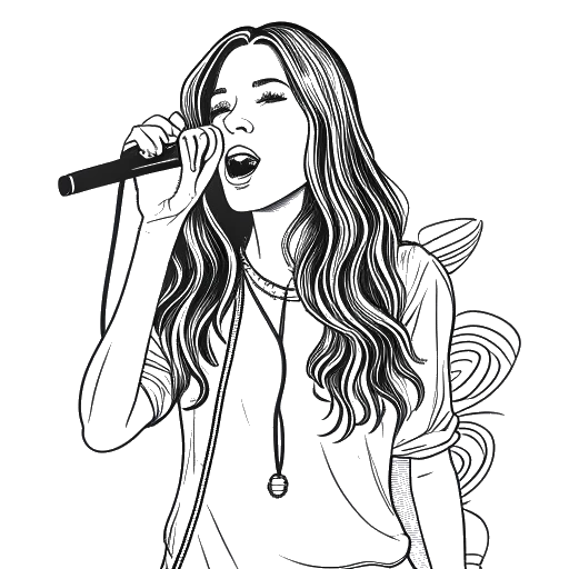 Disegno in bianco e nero di una donna che rappresenta Bhad Bhabie, con lunghi capelli, abbigliamento alla moda e un microfono in mano. È circondata da simboli del dollaro e note musicali, simboleggiando il suo successo finanziario nell'industria musicale.