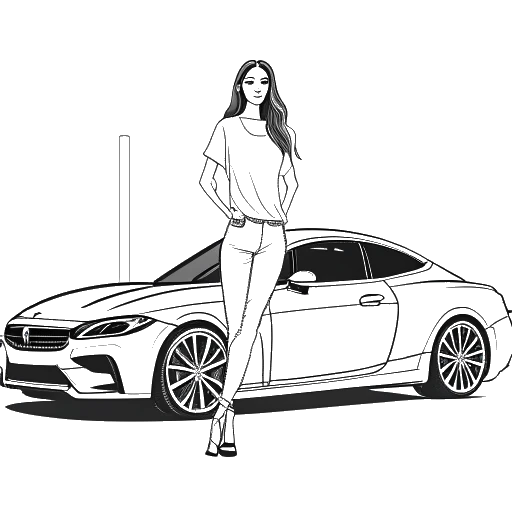 Dibujo de arte lineal de Bhad Bhabie junto a un coche de lujo de su colección