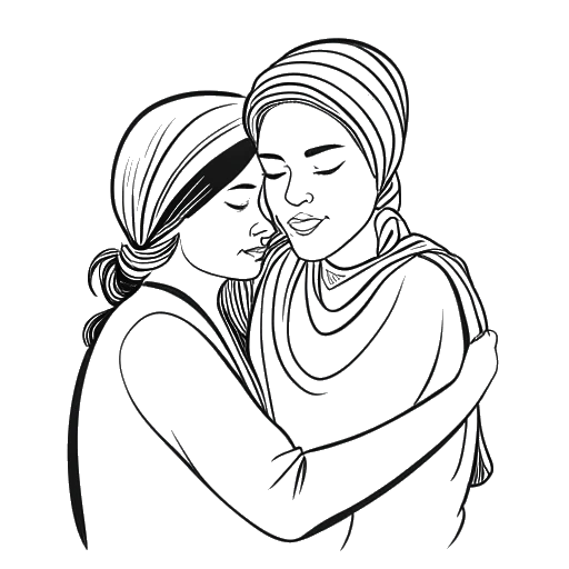 Desenho de arte de linha de Bhad Bhabie como cuidadora, apoiando sua mãe com um lenço de cabeça