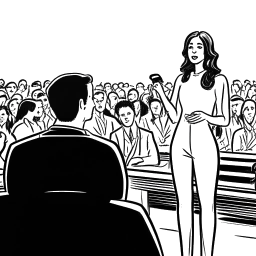 Desenho de arte de linha de Bhad Bhabie aparecendo no Dr. Phil, com um apresentador de talk show e o público