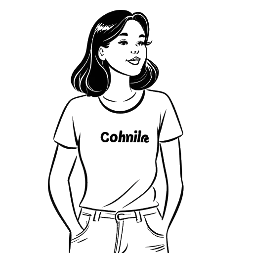 Lijntekening van Bhad Bhabie met een T-shirt met haar stopwoordje 'cash me outside' in een tekstballon