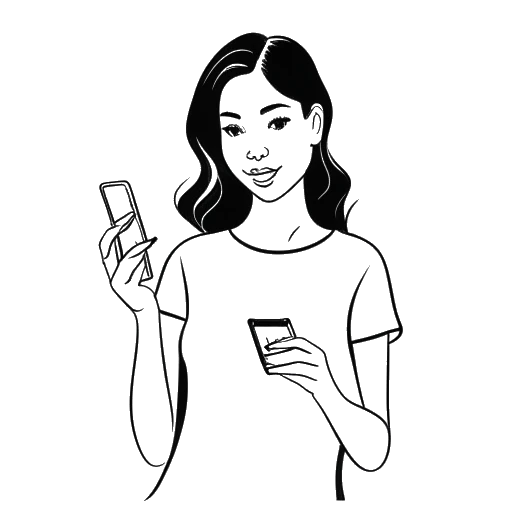 Line art drawing of Bhad Bhabie holding a smartphone with a dollar sign on the screen, representing her earnings on OnlyFans
