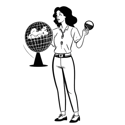 Line art drawing of Bhad Bhabie holding a microphone, standing on a globe with highlighted regions of North America and Europe