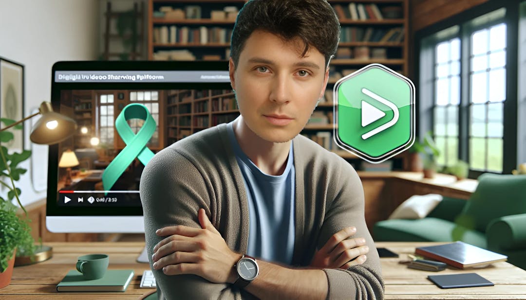 Daniel Howell, a male with fair skin, confidently gazing at the camera in a cozy home office setting with subtle references to YouTube and mental health advocacy. He is dressed in casual yet stylish attire, surrounded by books and a desk with a laptop, exuding a blend of creativity and introspection.