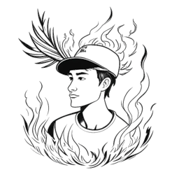 Disegno in bianco e nero di un giovane che rappresenta Chris Olsen, con simboli di una fenice e un cappello da laurea che denotano recupero ed educazione, ambientato su sfondo bianco.
