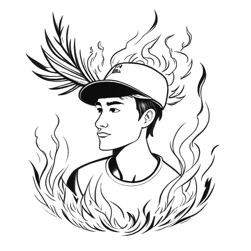 Disegno in bianco e nero di un giovane che rappresenta Chris Olsen, con simboli di una fenice e un cappello da laurea che denotano recupero ed educazione, ambientato su sfondo bianco.