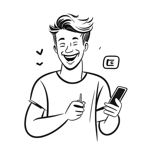 Desenho em arte linear de um homem representando Chris Olsen segurando um smartphone e rindo, com logos reconhecíveis de plataformas de mídia social inclusas, transmitindo um vibrante engajamento online, em um fundo branco.