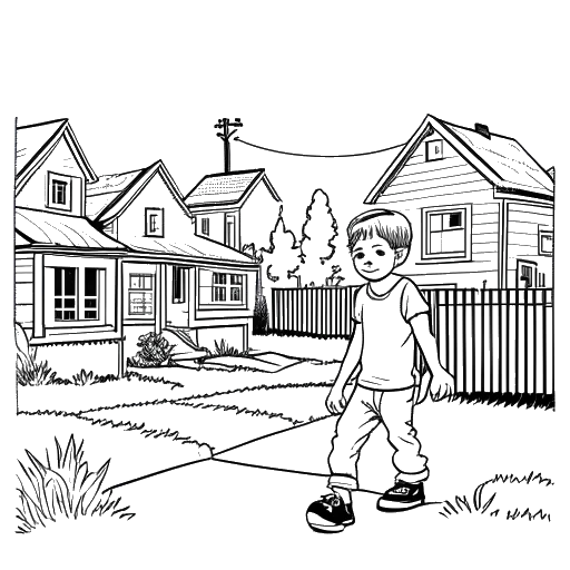 Desenho de arte linear de um menino jovem, representando Chris Olsen, brincando em um bairro suburbano.