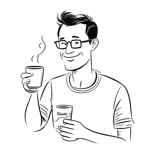 Desenho de arte linear de um homem, representando Chris Olsen, segurando uma xícara de café com o logo 'Flight Fuel' e olhando para um cronograma com diversos marcos.
