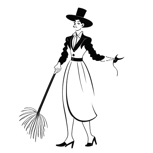 Disegno in arte lineare di un uomo, che rappresenta Chris Olsen, che indossa tacchi e un costume da cameriera, con in mano una piuma per polvere.
