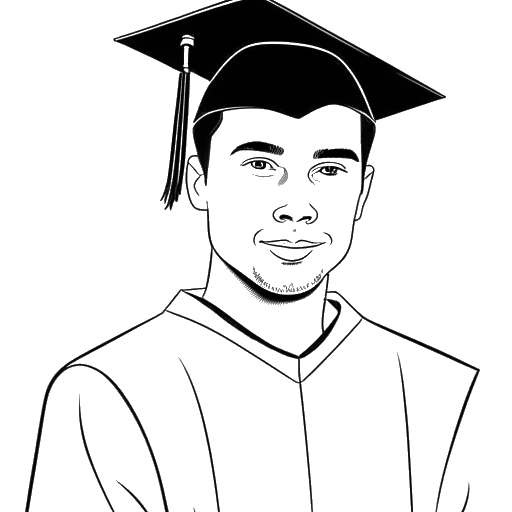 Desenho de arte linear de um homem, representando Chris Olsen, usando um capelo de formatura e segurando um diploma.