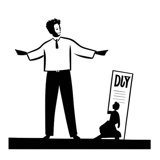 Dessin en ligne d'un homme, représentant Chris Olsen, tenant un panneau avec écrit 'papa' et pointant vers une scène avec une silhouette de Harry Styles.