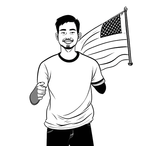 Desenho de arte linear de um homem, representando Chris Olsen, segurando uma bandeira americana em uma mão e uma bandeira filipina na outra.