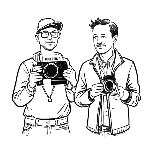 Desenho de arte linear de dois homens, representando Chris Olsen e Ian Paget, segurando câmeras e apontando um para o outro.