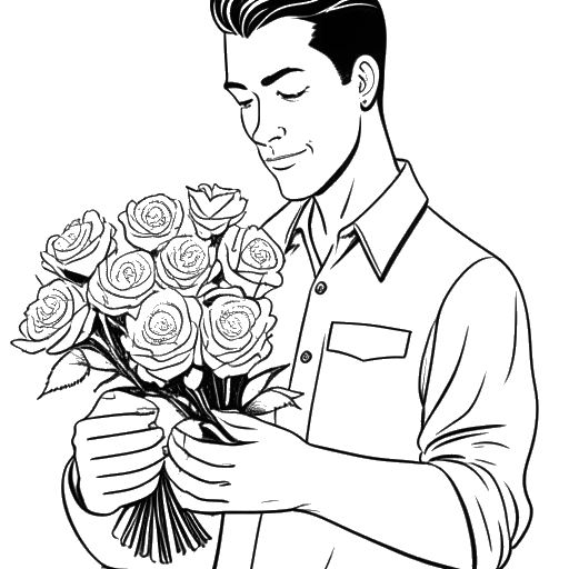 Desenho de arte linear de um homem, representando Chris Olsen, lendo um livro e segurando um buquê de rosas brancas.