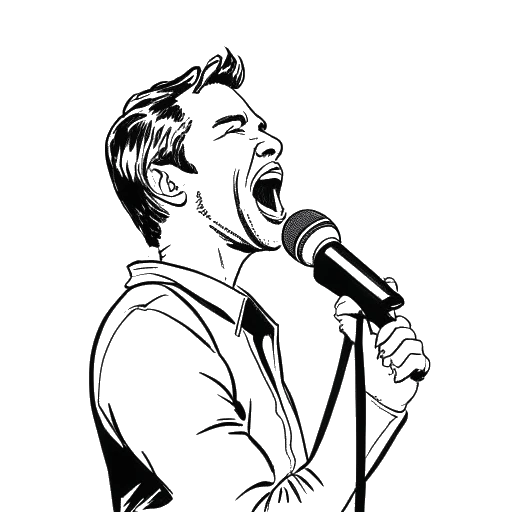 Desenho de arte linear de um homem, representando Chris Olsen, cantando em um microfone.