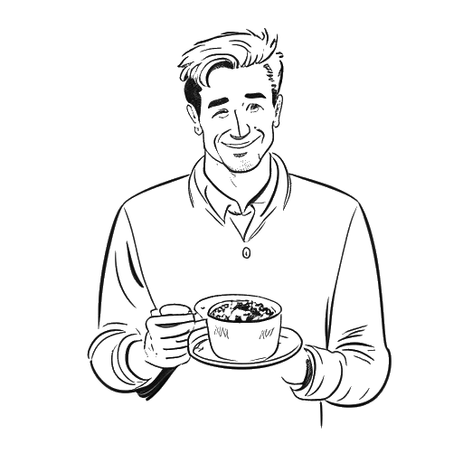 Desenho de arte linear de um homem, representando Chris Olsen, segurando uma xícara de café e um prato com biscoitos, bolos e pudins.