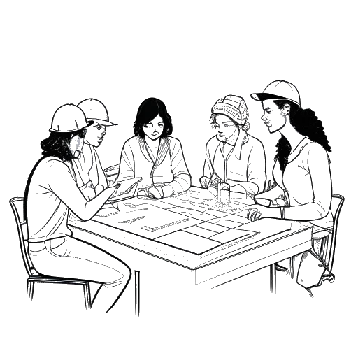 Line art drawing of an all-woman construction team, symbolizing RedIron Construction's inclusive and collaborative work culture, in a professional setting.