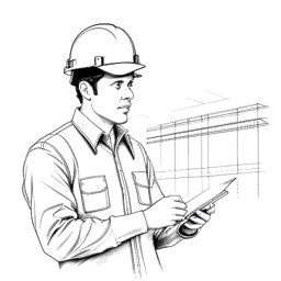 Strichzeichnung eines Bauleiters, der Justin Waller verkörpert, der mit einem Stahlgerüst im Hintergrund Baupläne prüft.